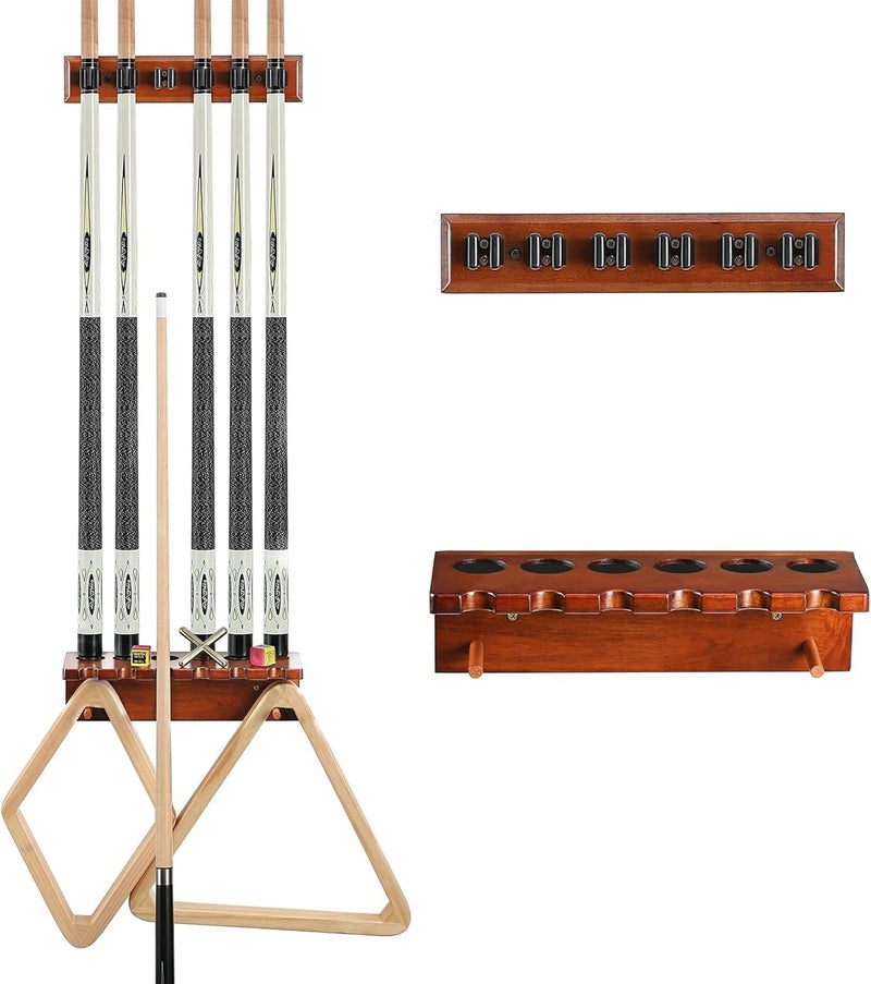 EXTCCT Pool Cue Rack Stick Holder - Wall Mount Billiards Pool Cue Rack Oak Solid Hardwood Pool Cue Set Holder for 6 Cues Sticks Storage Pool Table Accessories Equipment Organizer - Image 1